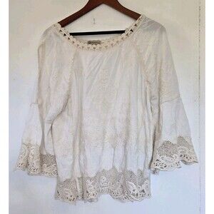 Democracy Tunic Womens Blouse M Ivory Beige Embroidered Lace Bell Sleeve Boho